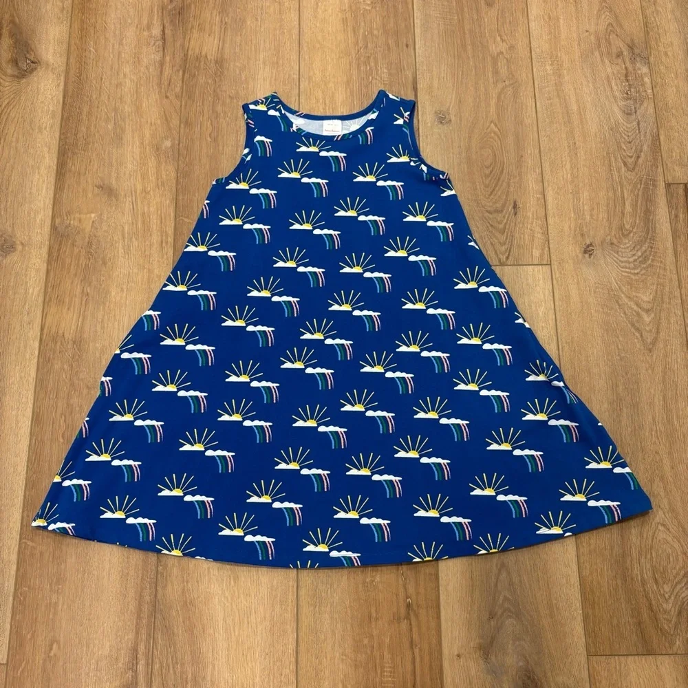 🌟HANNA ANDERSSON🌟 GIRLS SLEEVELESS SUN RAINBOW PRINT SWING KNIT DRESS BLUE 10